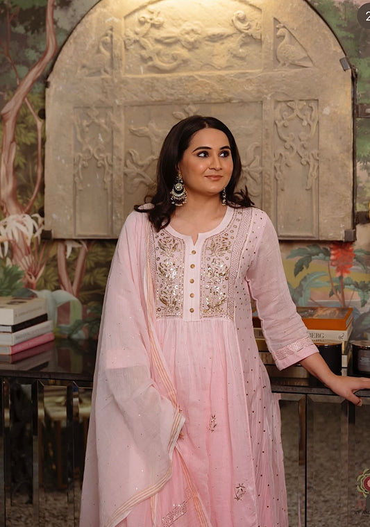 Pure Mul Chanderi Premium Pitta Work Semi Stitched Gown Dupatta Set