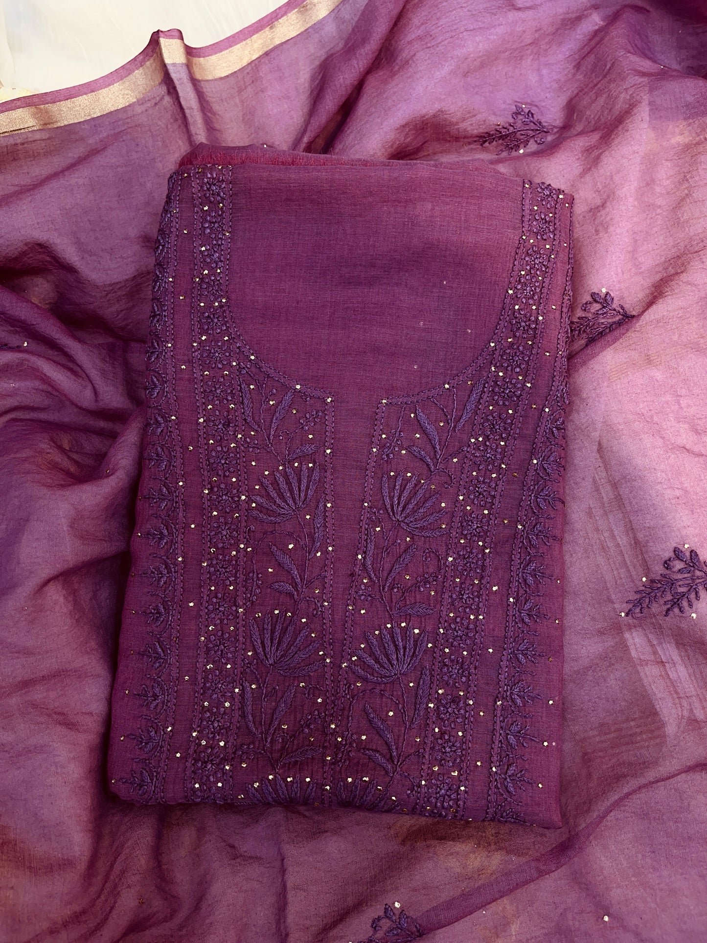 Pure Mul Chanderi Premium Chikankari Mukaish Suit-Dupatta Set