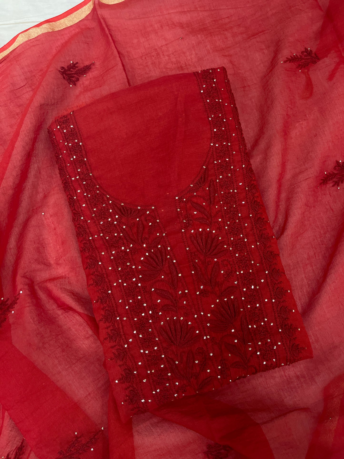 Pure Mul Chanderi Premium Chikankari Mukaish Unstitched Suit Dupatta Set