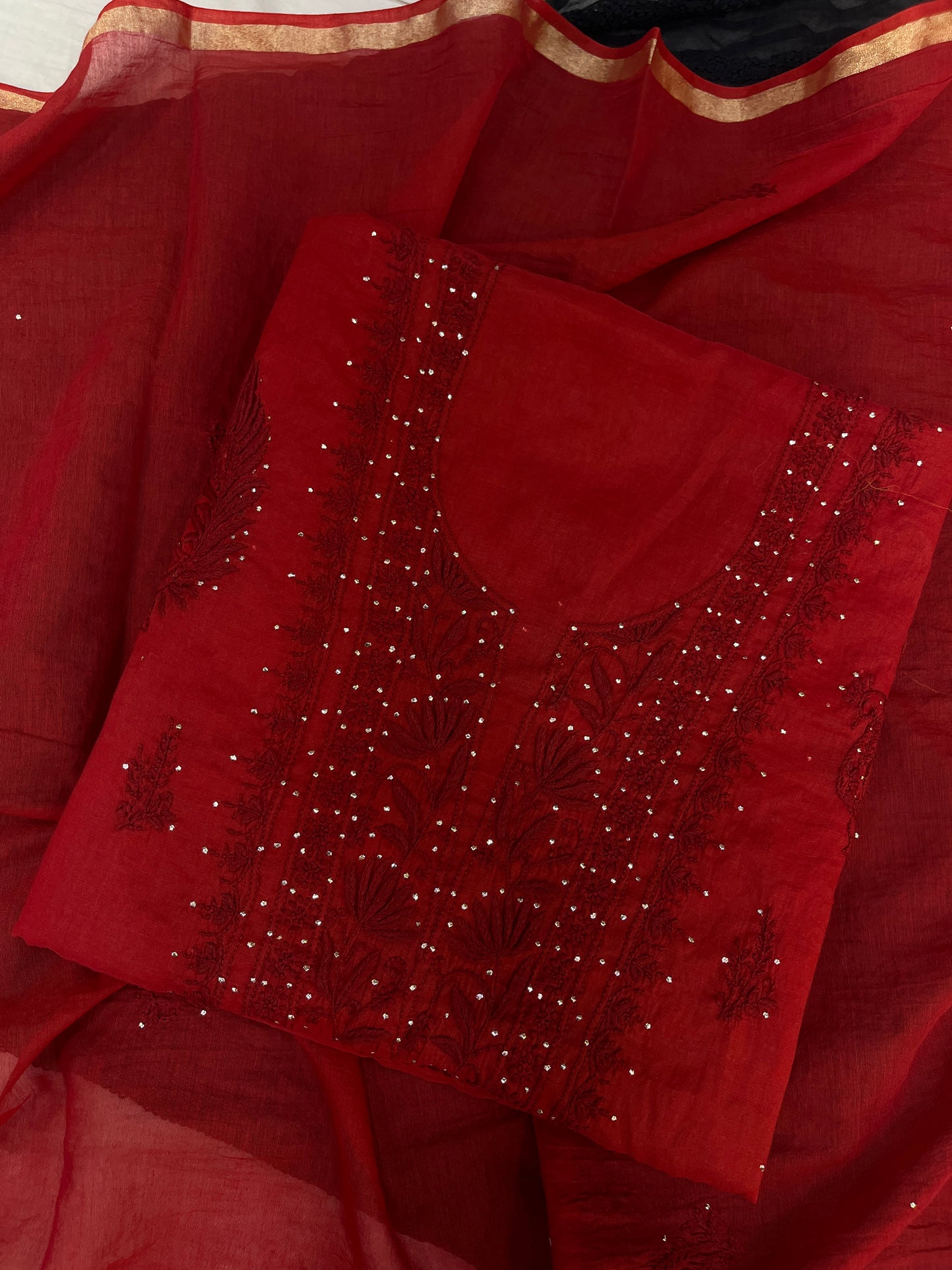 Pure Mul Chanderi Premium Chikankari Mukaish Unstitched Suit Dupatta Set