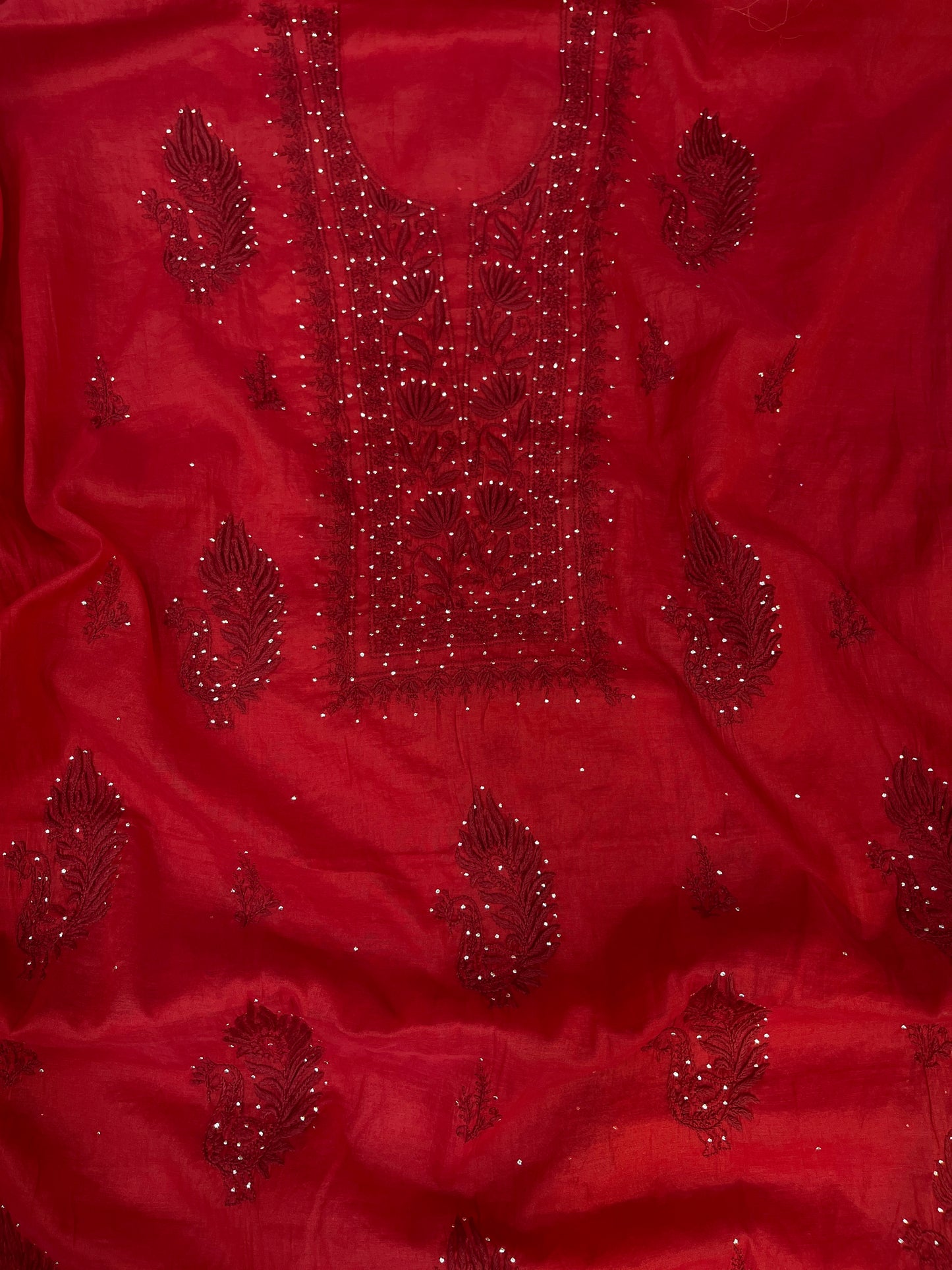 Pure Mul Chanderi Premium Chikankari Mukaish Unstitched Suit Dupatta Set