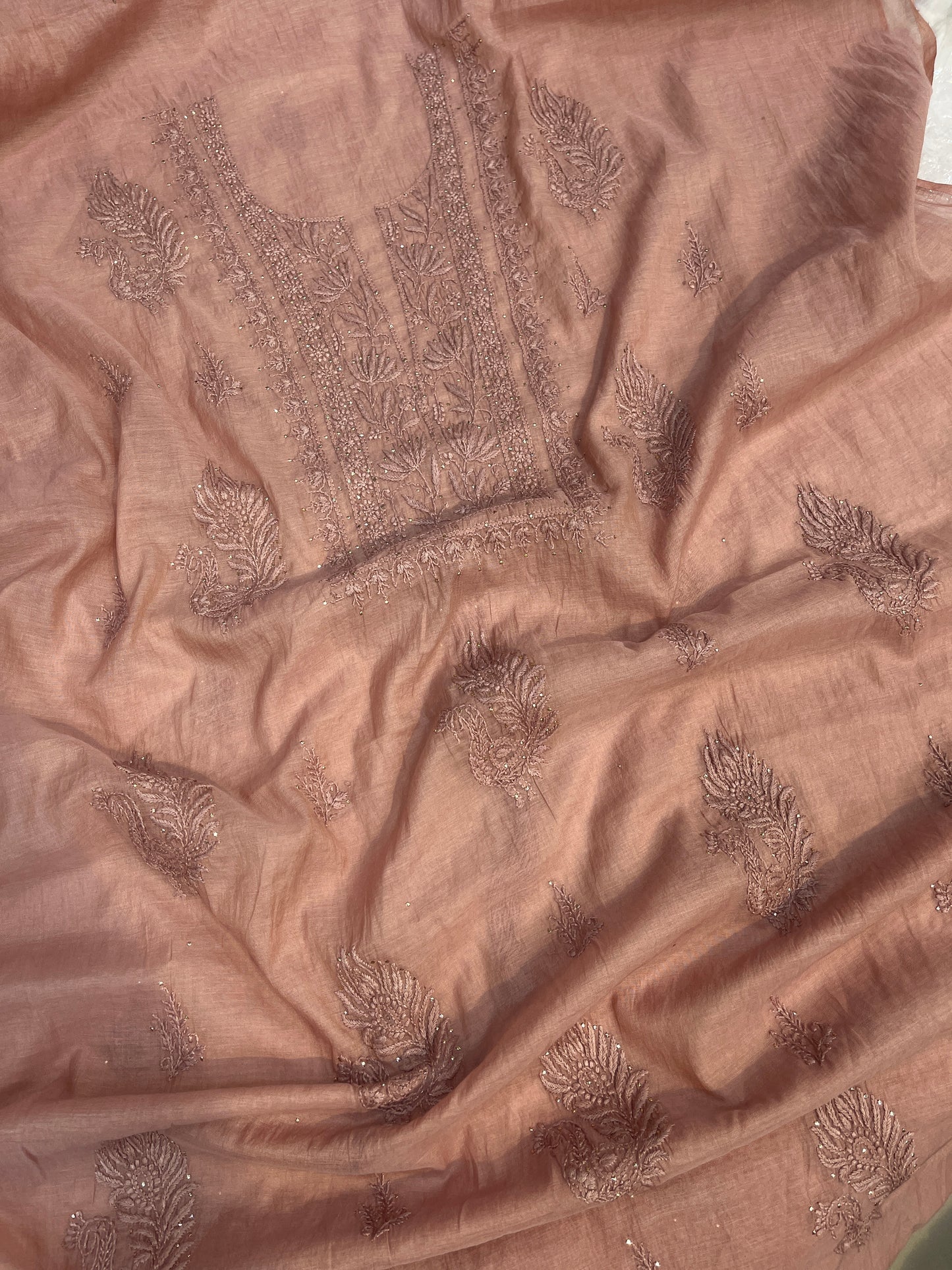 Pure Mul Chanderi Exclusive Chikankari Mukaish Unstitched Suit Dupatta Set