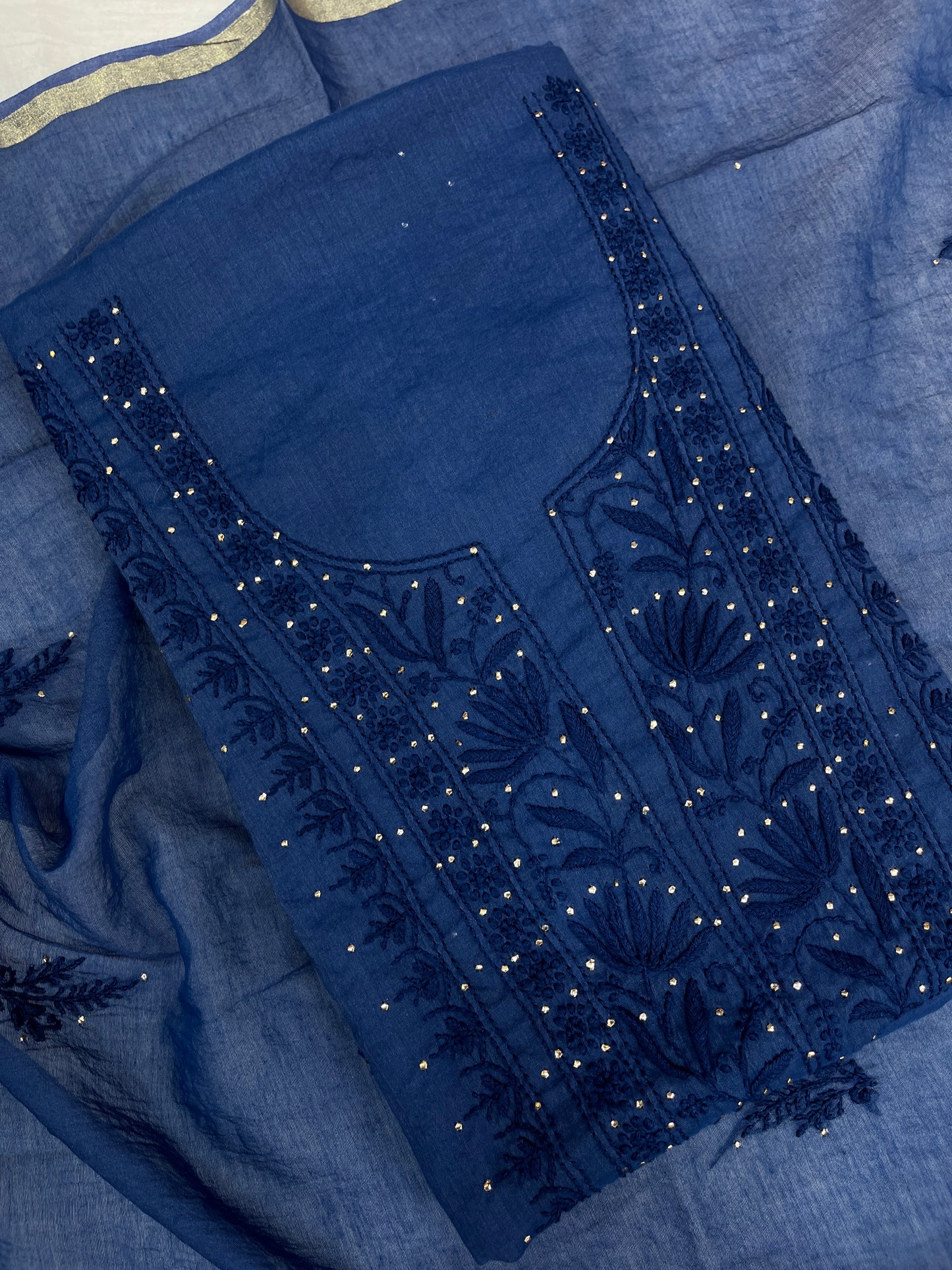 Pure Mul Chanderi Exclusive Chikankari Mukaish Unstitched Suit Dupatta Set