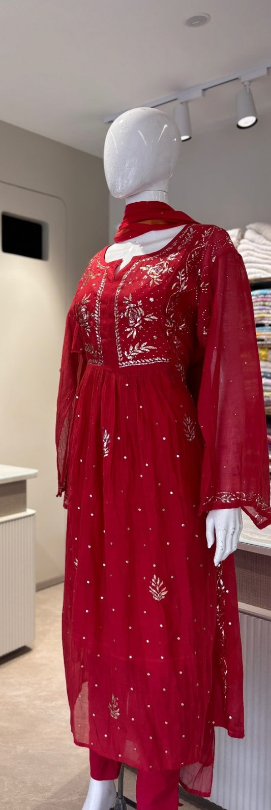 Pure Mul Chanderi Premium Pitta Work Semi Stitched Gown Dupatta Set