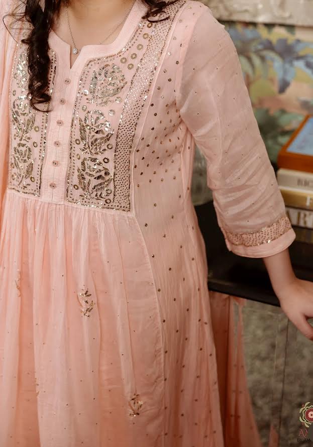 Pure Mul Chanderi Premium Pitta Work Semi Stitched Gown Dupatta Set