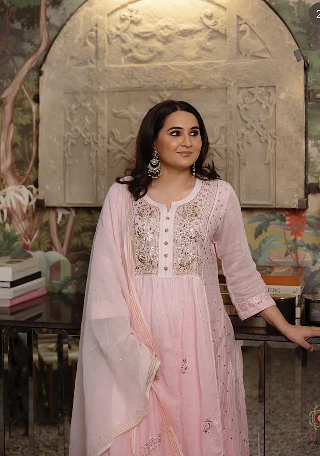 Pure Mul Chanderi Premium Pitta Work Semi Stitched Gown Dupatta Set