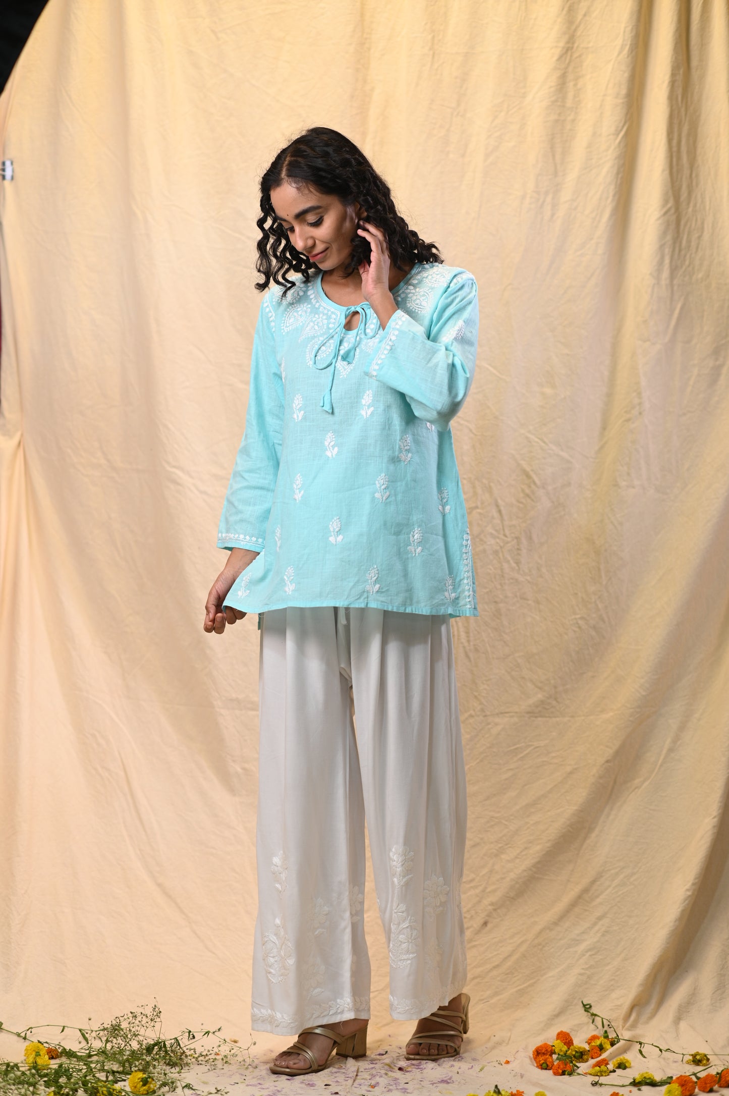 Classic Linen Chikankari Short Top