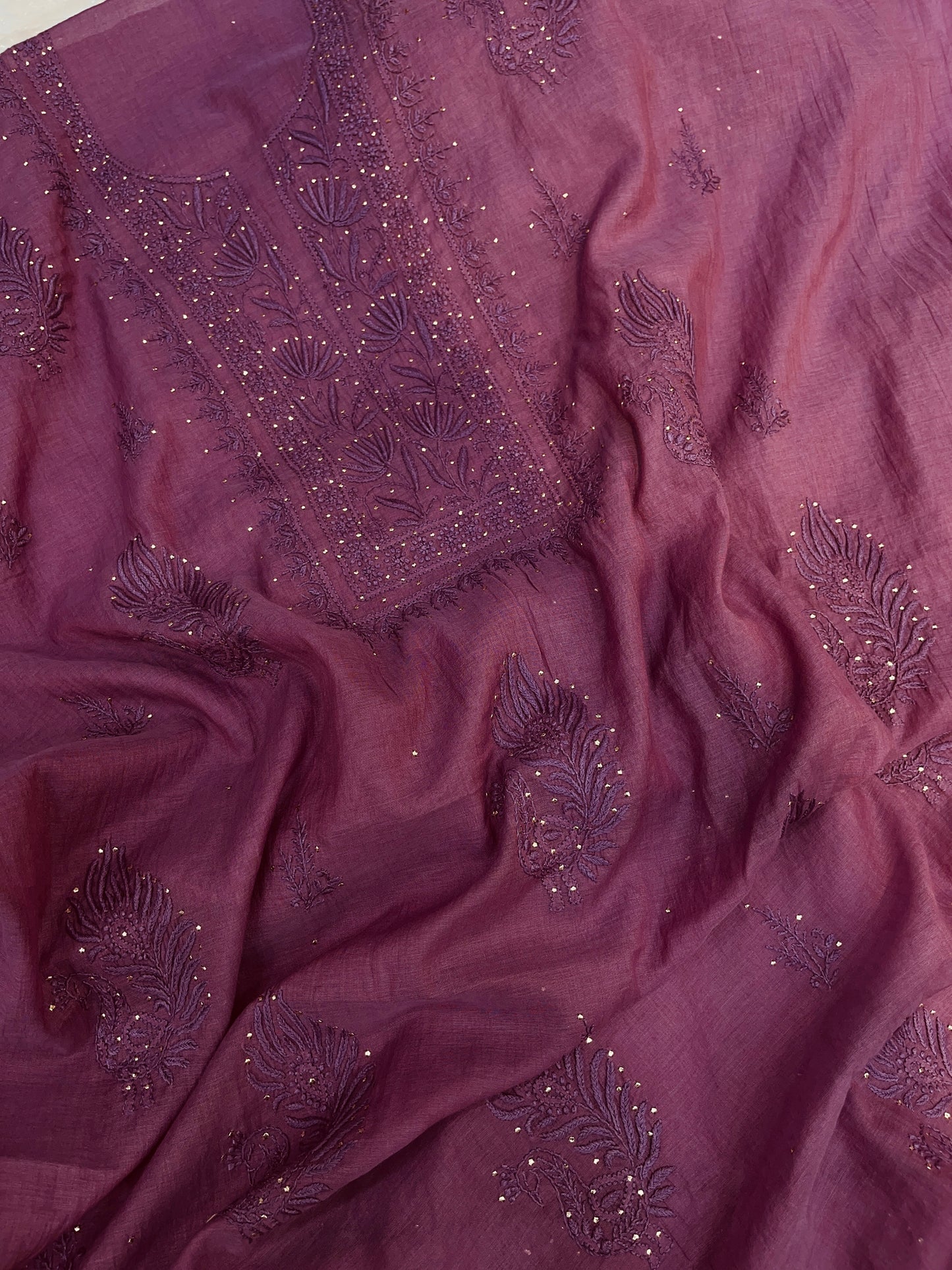 Pure Mul Chanderi Premium Chikankari Mukaish Suit-Dupatta Set