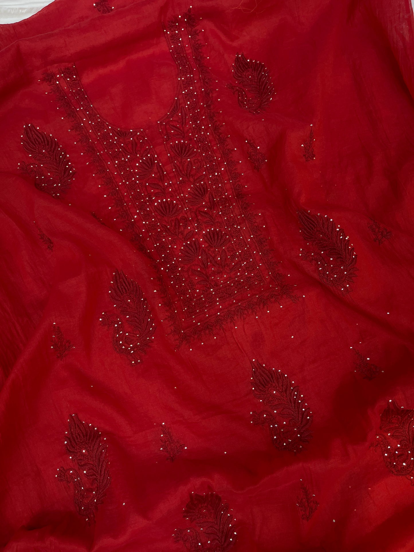 Pure Mul Chanderi Premium Chikankari Mukaish Unstitched Suit Dupatta Set