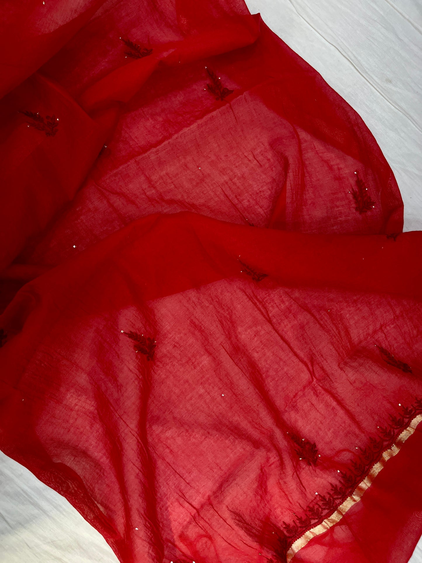 Pure Mul Chanderi Premium Chikankari Mukaish Unstitched Suit Dupatta Set