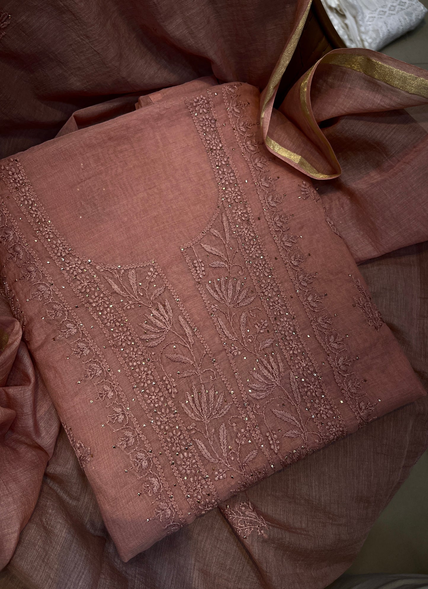 Pure Mul Chanderi Exclusive Chikankari Mukaish Unstitched Suit Dupatta Set