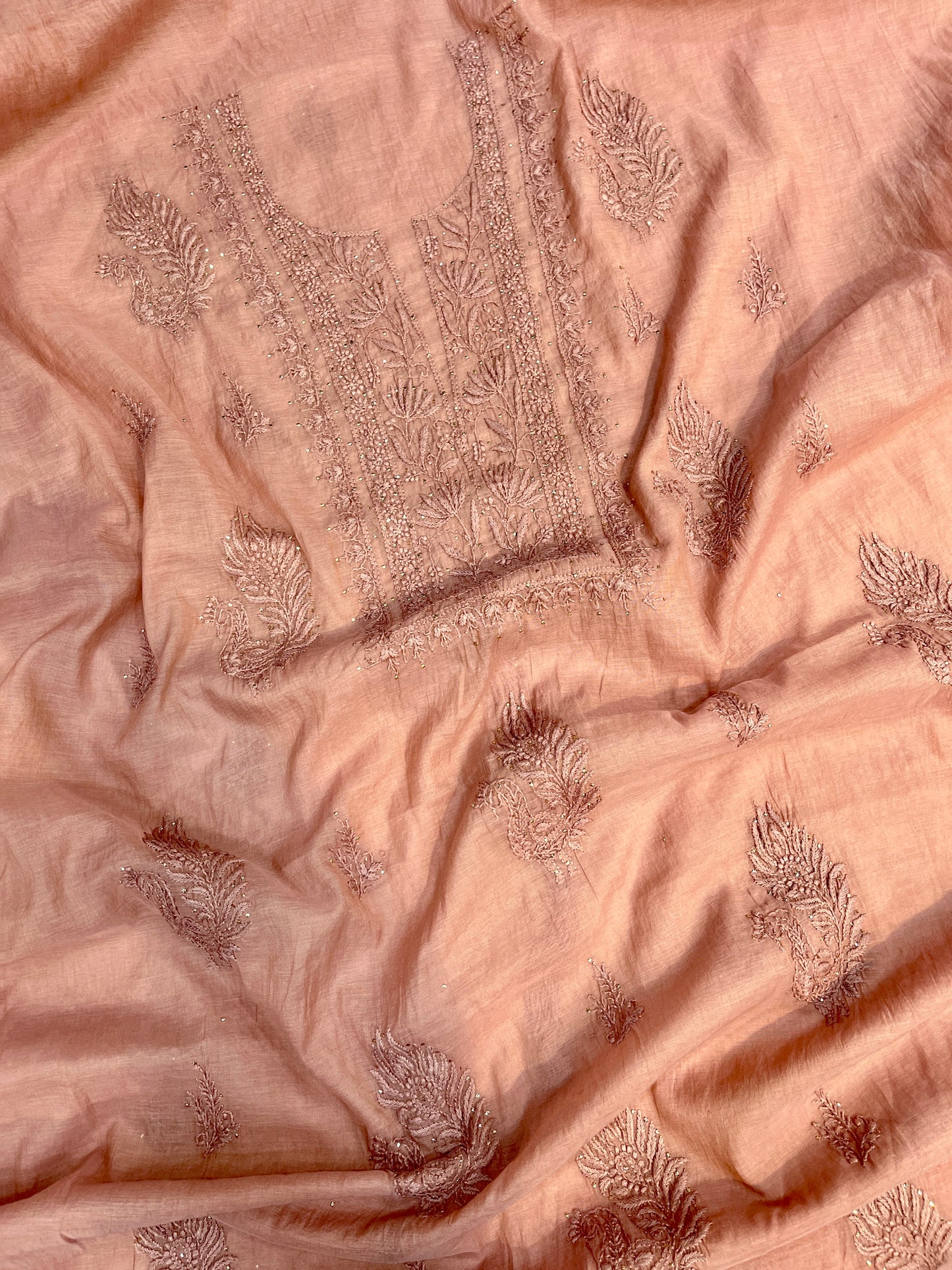 Pure Mul Chanderi Exclusive Chikankari Mukaish Unstitched Suit Dupatta Set