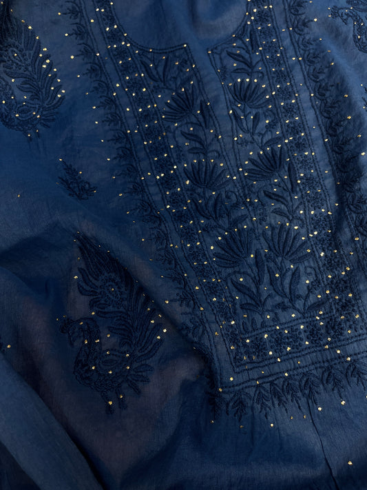 Pure Mul Chanderi Exclusive Chikankari Mukaish Unstitched Suit Dupatta Set