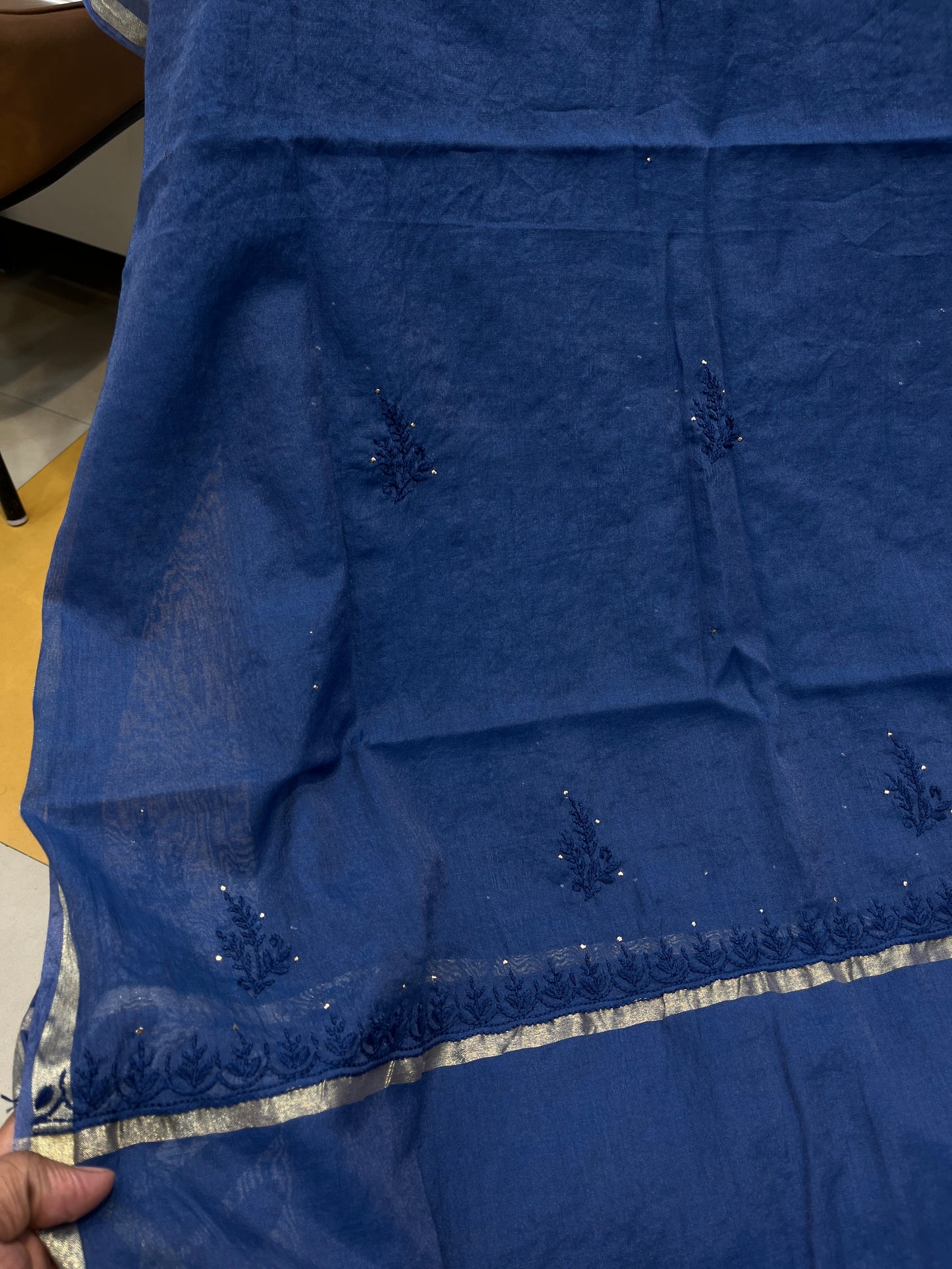 Pure Mul Chanderi Exclusive Chikankari Mukaish Unstitched Suit Dupatta Set