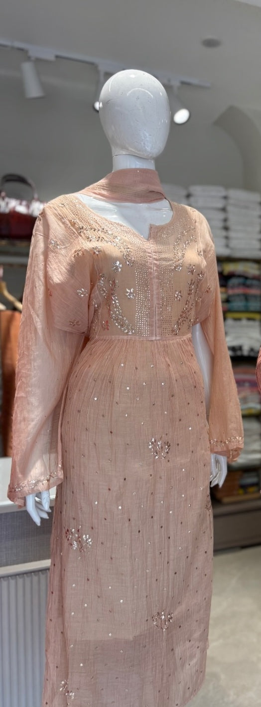 Pure Mul Chanderi Premium Pitta Work Semi Stitched Gown Dupatta Set