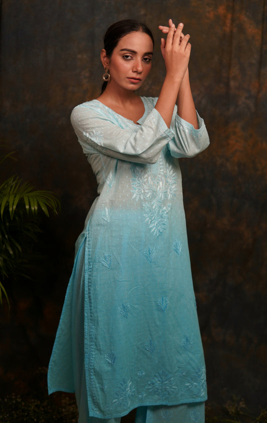 Pure Dobhi Cotton Classic Chikankari Ombre Plazo Set